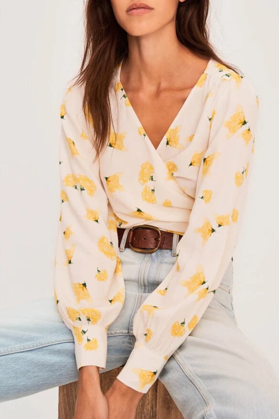 BA&SH Koxie Floral Crepe Wrap Top Yellow White Size Small